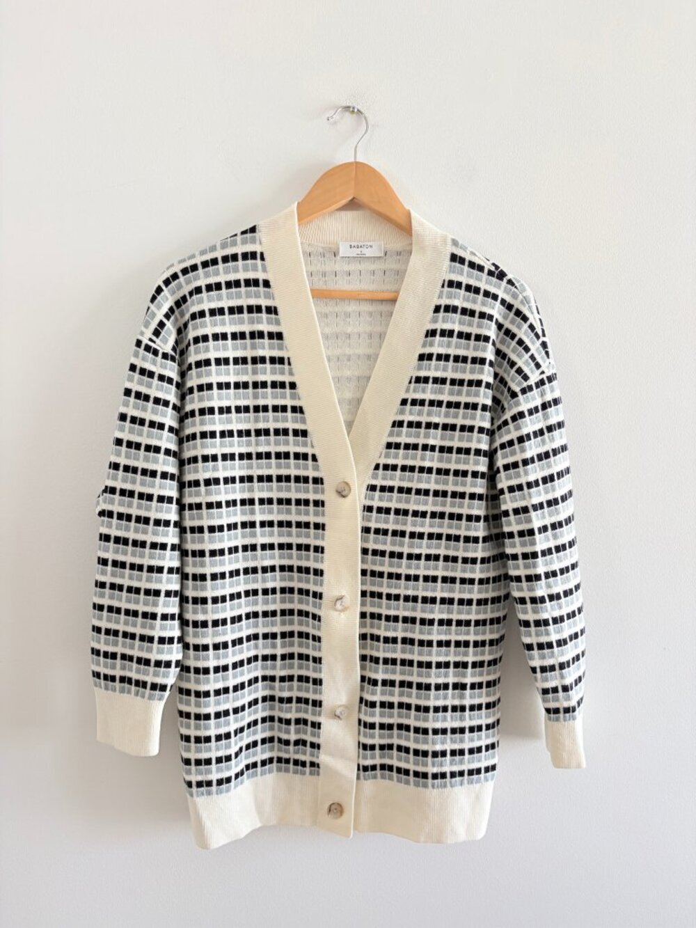 Aritzia Babaton Lacer Merino Wool Cardigan Cream Blue Black Size Small - Picture 3 of 6